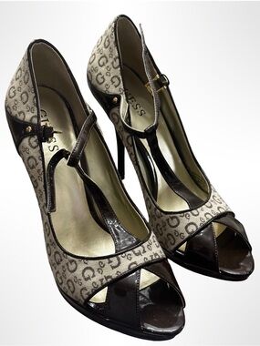 Guess Beige Monogram T-Strap Peep Toe Heels with Dark Brown Patent Trim